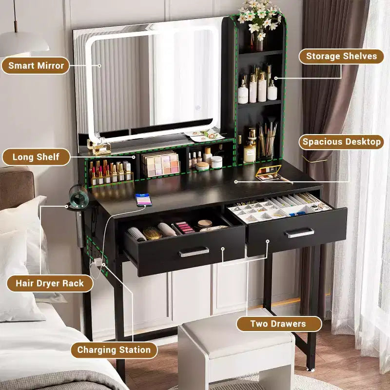 Besiost Coiffeuse avec miroir LED, table de maquillage avec station de charge