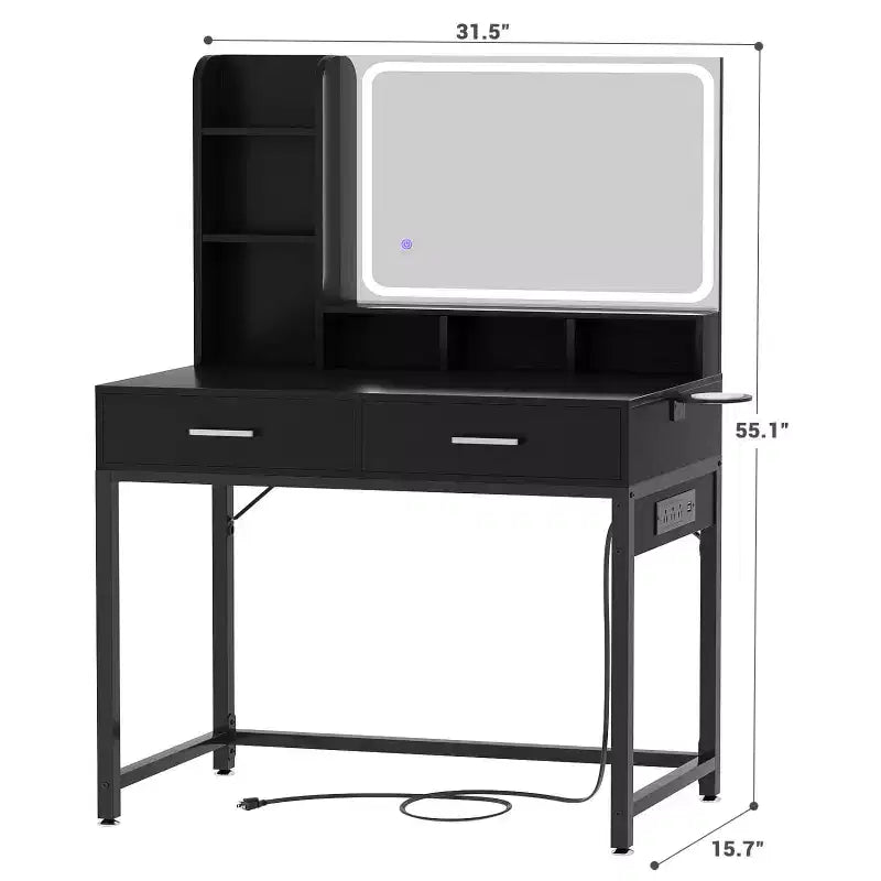 Besiost Coiffeuse avec miroir LED, table de maquillage avec station de charge