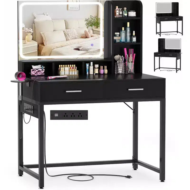 Besiost Coiffeuse avec miroir LED, table de maquillage avec station de charge