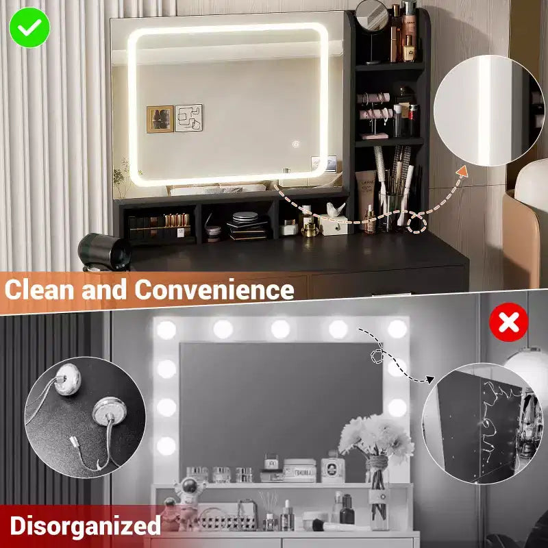 Besiost Coiffeuse avec miroir LED, table de maquillage avec station de charge