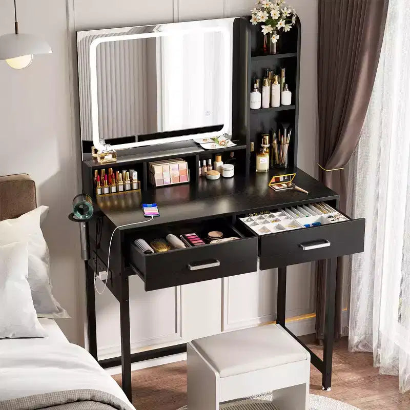 Besiost Vanity Desk with LED Mirror, Makeup Table with Charging Station