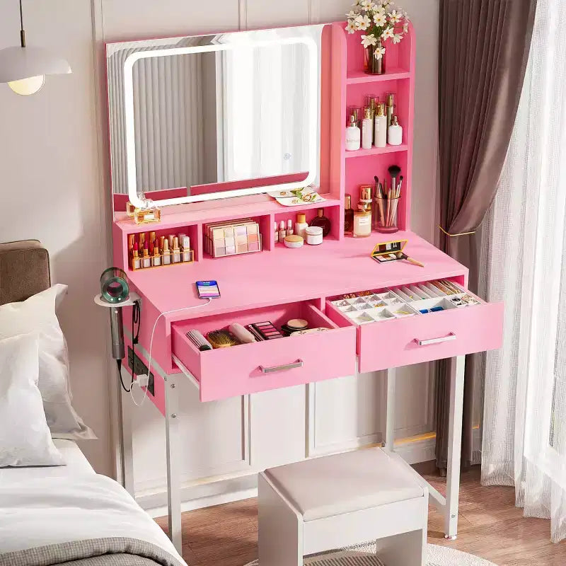 Besiost Coiffeuse avec miroir LED, table de maquillage avec station de charge