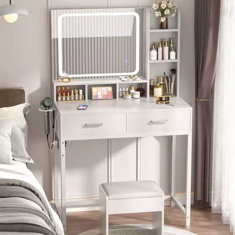 Besiost Coiffeuse avec miroir LED, table de maquillage avec station de charge