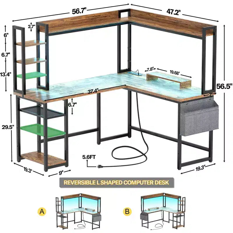 Bureau d'angle informatique Besiost avec étagère et lumières LED, bureau en L avec prise de courant