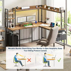 Bureau d'angle informatique Besiost avec étagère et lumières LED, bureau en L avec prise de courant