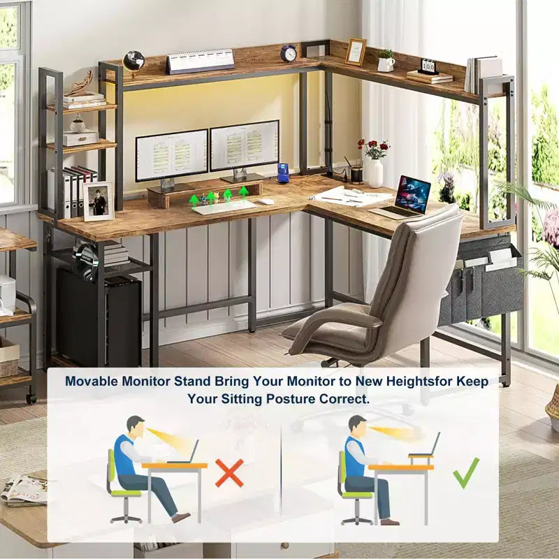 Bureau d'angle informatique Besiost avec étagère et lumières LED, bureau en L avec prise de courant