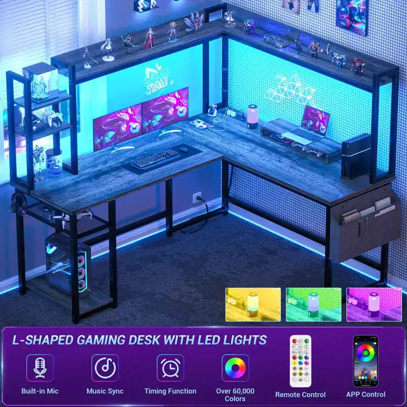 Bureau d'angle informatique Besiost avec étagère et lumières LED, bureau en L avec prise de courant