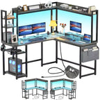 Bureau d'angle informatique Besiost avec étagère et lumières LED, bureau en L avec prise de courant