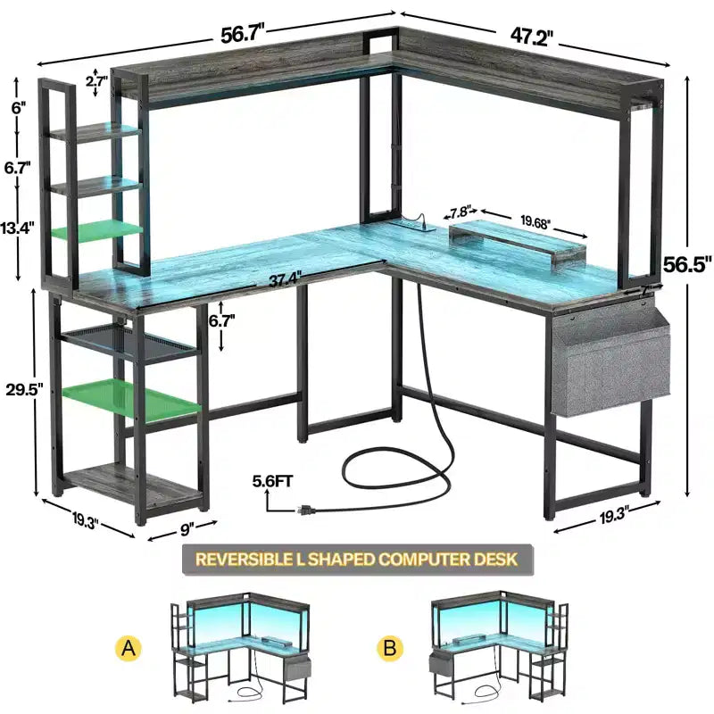 Bureau d'angle informatique Besiost avec étagère et lumières LED, bureau en L avec prise de courant
