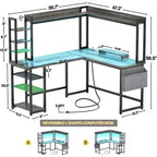 Bureau d'angle informatique Besiost avec étagère et lumières LED, bureau en L avec prise de courant