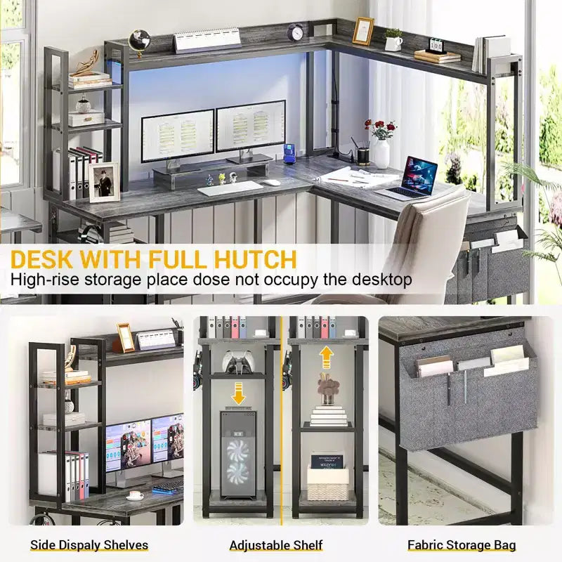 Bureau d'angle informatique Besiost avec étagère et lumières LED, bureau en L avec prise de courant