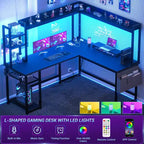 Bureau d'angle informatique Besiost avec étagère et lumières LED, bureau en L avec prise de courant