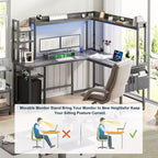Bureau d'angle informatique Besiost avec étagère et lumières LED, bureau en L avec prise de courant
