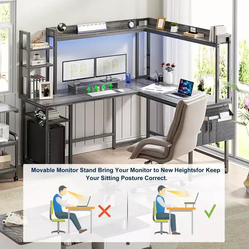 Bureau d'angle informatique Besiost avec étagère et lumières LED, bureau en L avec prise de courant