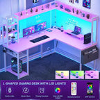 Bureau d'angle informatique Besiost avec étagère et lumières LED, bureau en L avec prise de courant