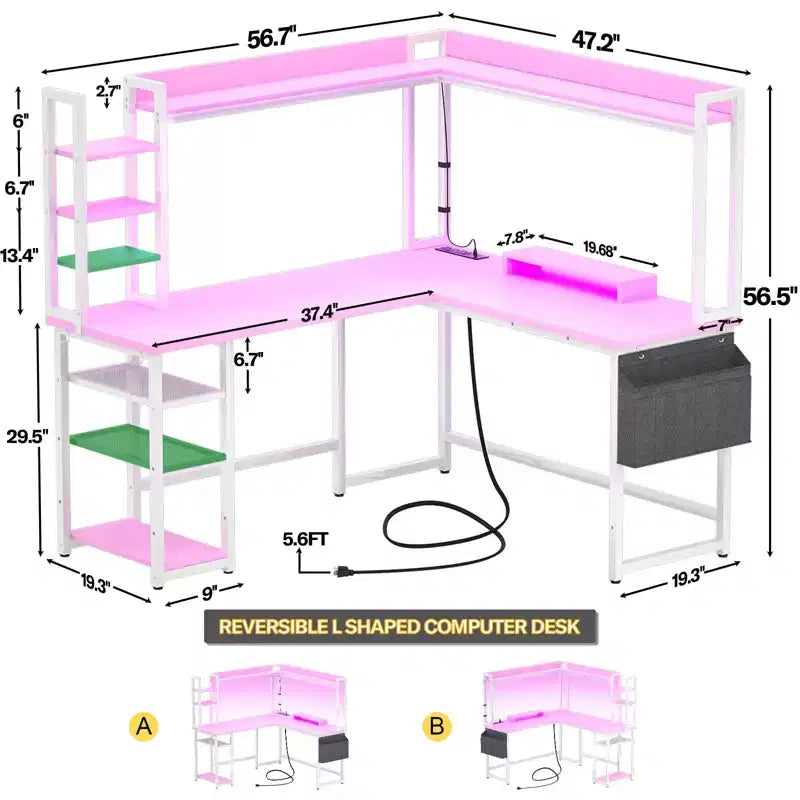Bureau d'angle informatique Besiost avec étagère et lumières LED, bureau en L avec prise de courant