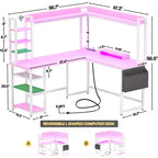 Bureau d'angle informatique Besiost avec étagère et lumières LED, bureau en L avec prise de courant