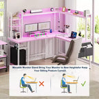 Bureau d'angle informatique Besiost avec étagère et lumières LED, bureau en L avec prise de courant