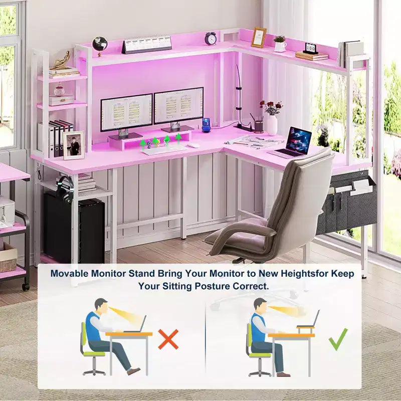 Bureau d'angle informatique Besiost avec étagère et lumières LED, bureau en L avec prise de courant