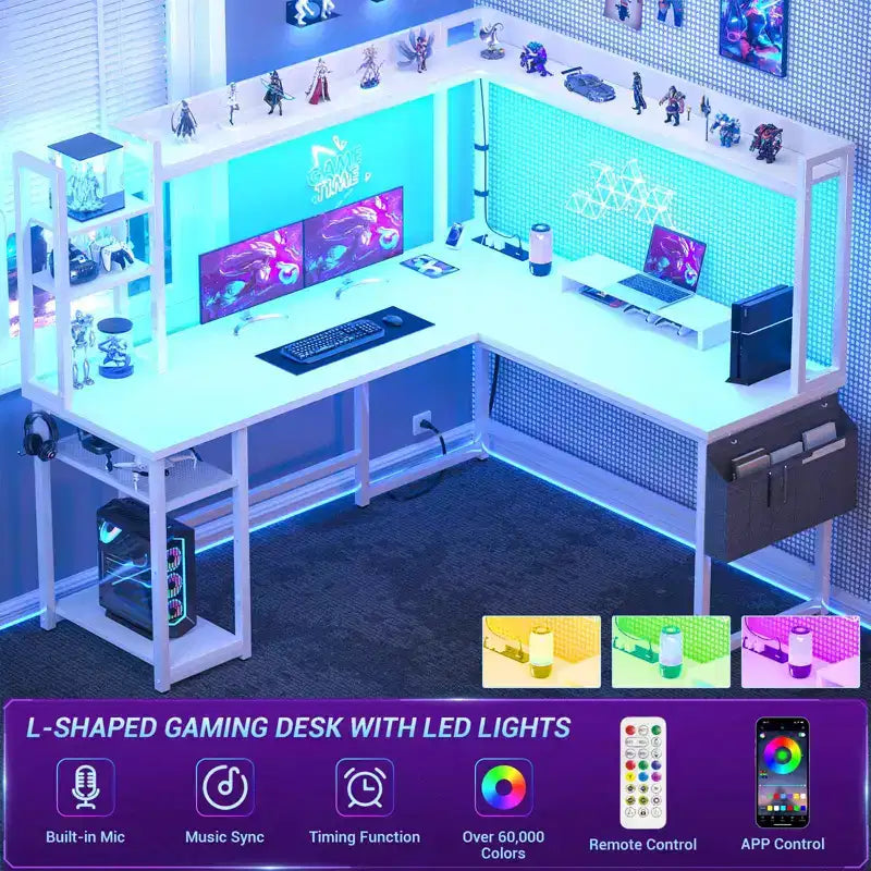 Bureau d'angle informatique Besiost avec étagère et lumières LED, bureau en L avec prise de courant