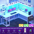 Bureau d'angle informatique Besiost avec étagère et lumières LED, bureau en L avec prise de courant