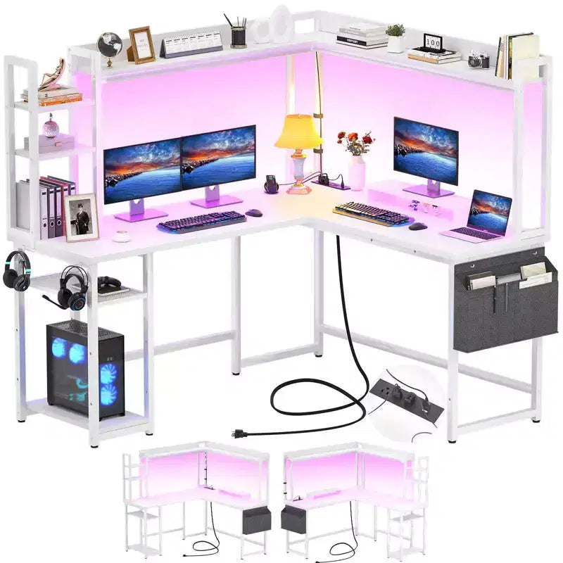 Bureau d'angle informatique Besiost avec étagère et lumières LED, bureau en L avec prise de courant