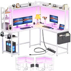 Bureau d'angle informatique Besiost avec étagère et lumières LED, bureau en L avec prise de courant