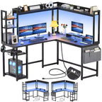 Bureau d'angle informatique Besiost avec étagère et lumières LED, bureau en L avec prise de courant