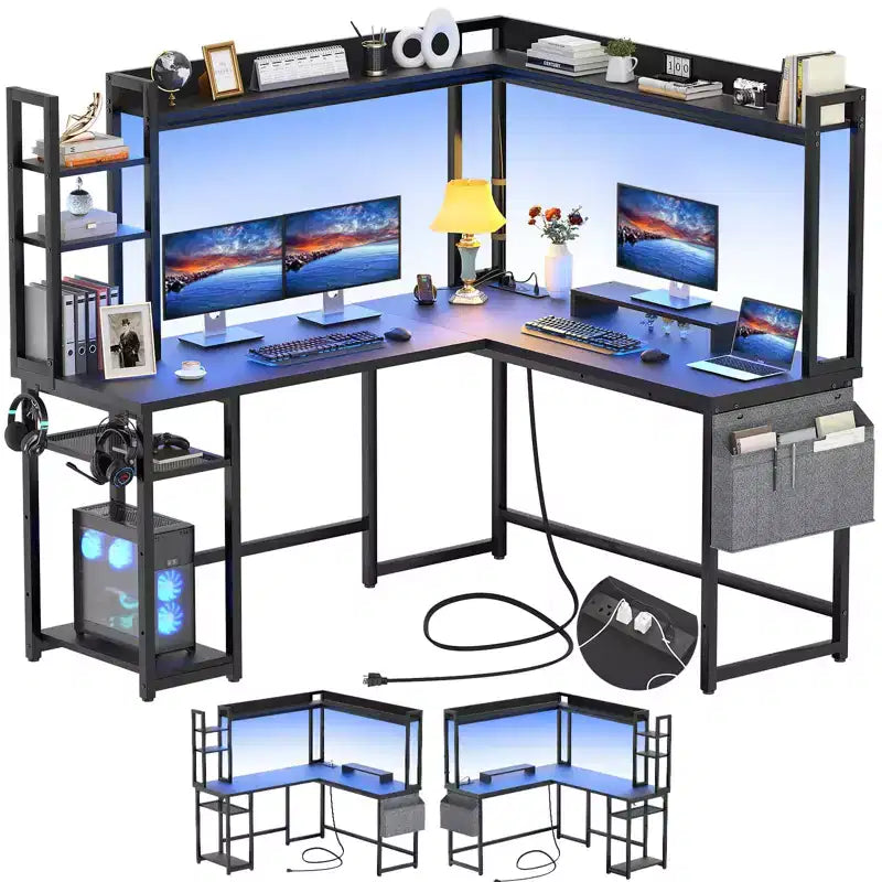 Bureau d'angle informatique Besiost avec étagère et lumières LED, bureau en L avec prise de courant
