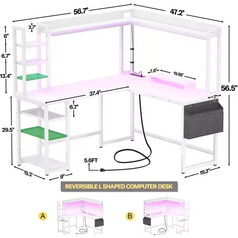 Bureau d'angle informatique Besiost avec étagère et lumières LED, bureau en L avec prise de courant