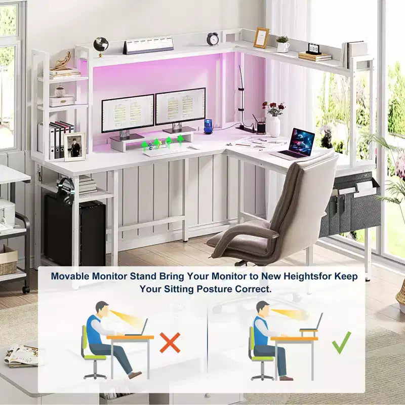 Bureau d'angle informatique Besiost avec étagère et lumières LED, bureau en L avec prise de courant