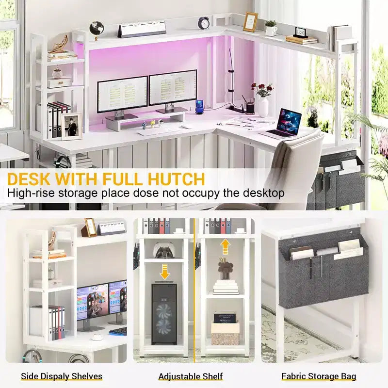 Bureau d'angle informatique Besiost avec étagère et lumières LED, bureau en L avec prise de courant