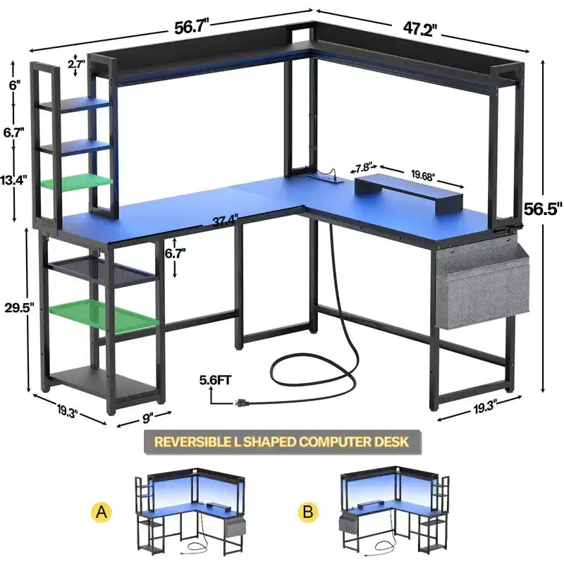 Bureau d'angle informatique Besiost avec étagère et lumières LED, bureau en L avec prise de courant
