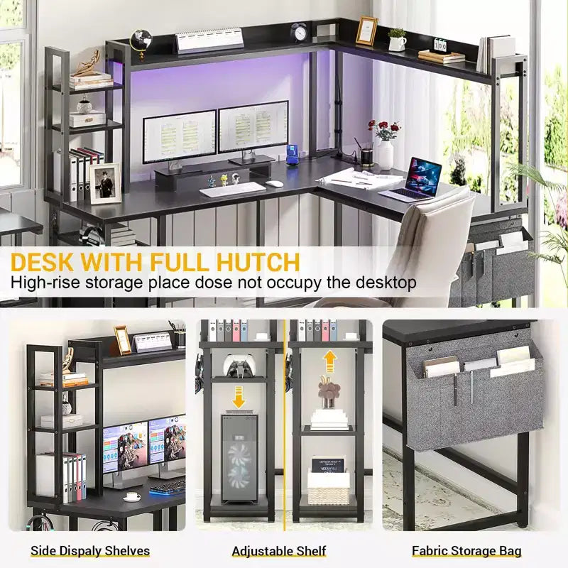 Bureau d'angle informatique Besiost avec étagère et lumières LED, bureau en L avec prise de courant