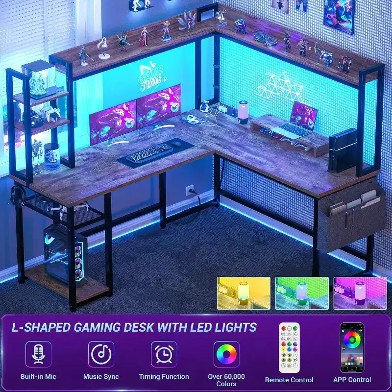 Bureau d'angle informatique Besiost avec étagère et lumières LED, bureau en L avec prise de courant