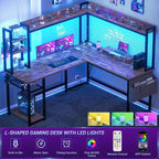 Bureau d'angle informatique Besiost avec étagère et lumières LED, bureau en L avec prise de courant