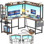 Bureau d'angle informatique Besiost avec étagère et lumières LED, bureau en L avec prise de courant