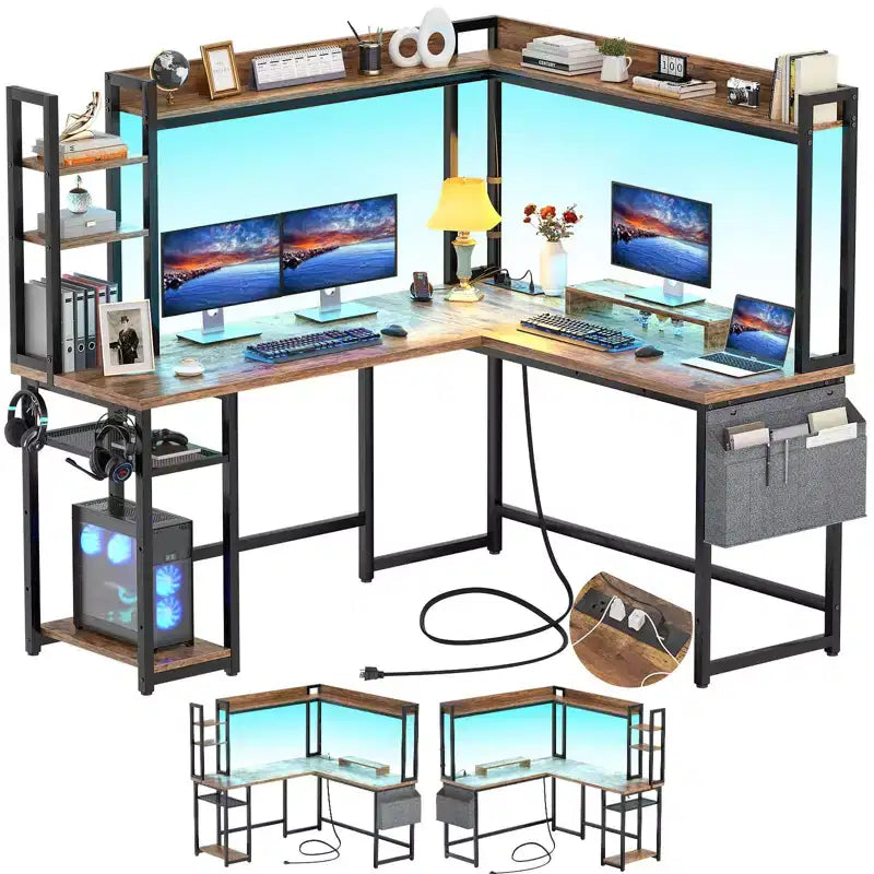 Bureau d'angle informatique Besiost avec étagère et lumières LED, bureau en L avec prise de courant