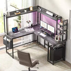 Bureau d'angle informatique Besiost avec étagère et lumières LED, bureau en L avec prise de courant