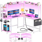 Bureau d'angle informatique Besiost avec étagère et lumières LED, bureau en L avec prise de courant