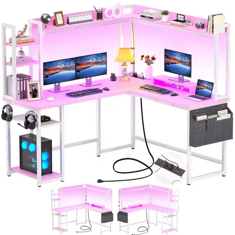 Bureau d'angle informatique Besiost avec étagère et lumières LED, bureau en L avec prise de courant