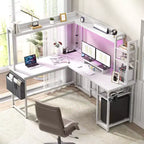 Bureau d'angle informatique Besiost avec étagère et lumières LED, bureau en L avec prise de courant
