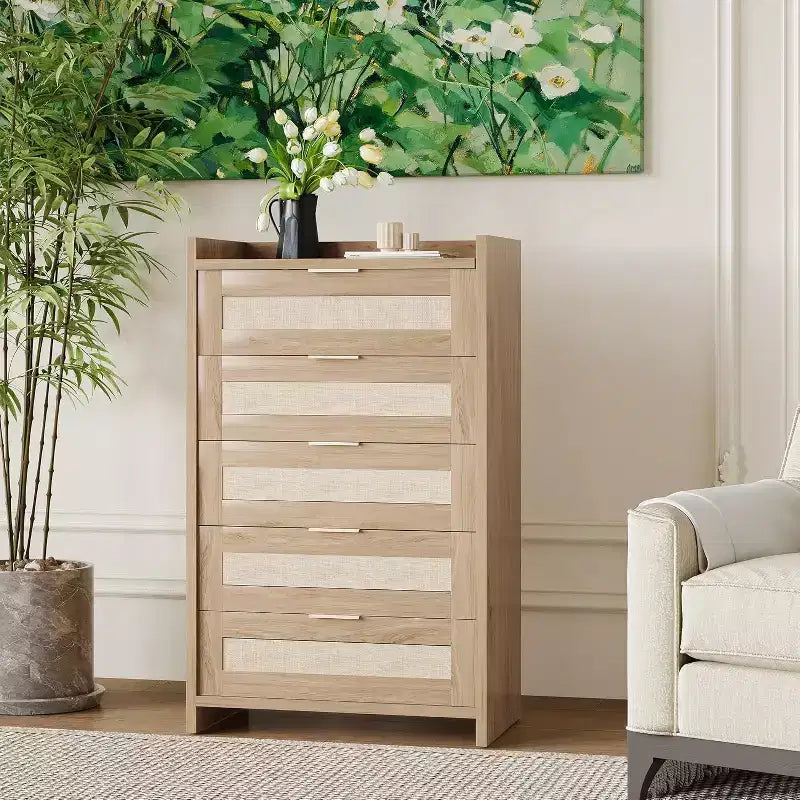 Commode Bohème à 5 Tiroirs, Coffre en Rotin et Bois avec Texture Naturelle pour Chambre à Coucher, Chambre d'Enfant ou Rangement de Salon