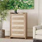 Commode Bohème à 5 Tiroirs, Coffre en Rotin et Bois avec Texture Naturelle pour Chambre à Coucher, Chambre d'Enfant ou Rangement de Salon