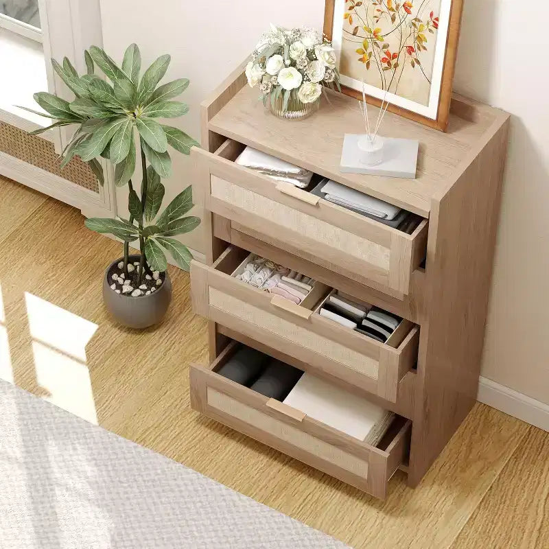 Commode Bohème à 5 Tiroirs, Coffre en Rotin et Bois avec Texture Naturelle pour Chambre à Coucher, Chambre d'Enfant ou Rangement de Salon