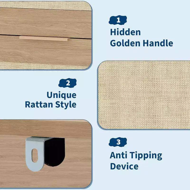 Commode Bohème à 5 Tiroirs, Coffre en Rotin et Bois avec Texture Naturelle pour Chambre à Coucher, Chambre d'Enfant ou Rangement de Salon