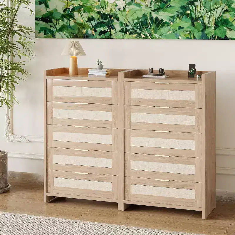 Commode Bohème à 5 Tiroirs, Coffre en Rotin et Bois avec Texture Naturelle pour Chambre à Coucher, Chambre d'Enfant ou Rangement de Salon