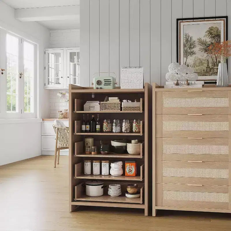 Commode Bohème à 5 Tiroirs, Coffre en Rotin et Bois avec Texture Naturelle pour Chambre à Coucher, Chambre d'Enfant ou Rangement de Salon