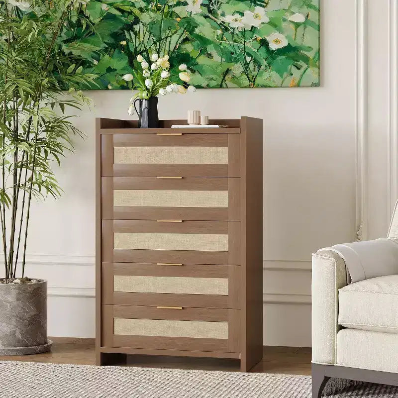 Commode Bohème à 5 Tiroirs, Coffre en Rotin et Bois avec Texture Naturelle pour Chambre à Coucher, Chambre d'Enfant ou Rangement de Salon