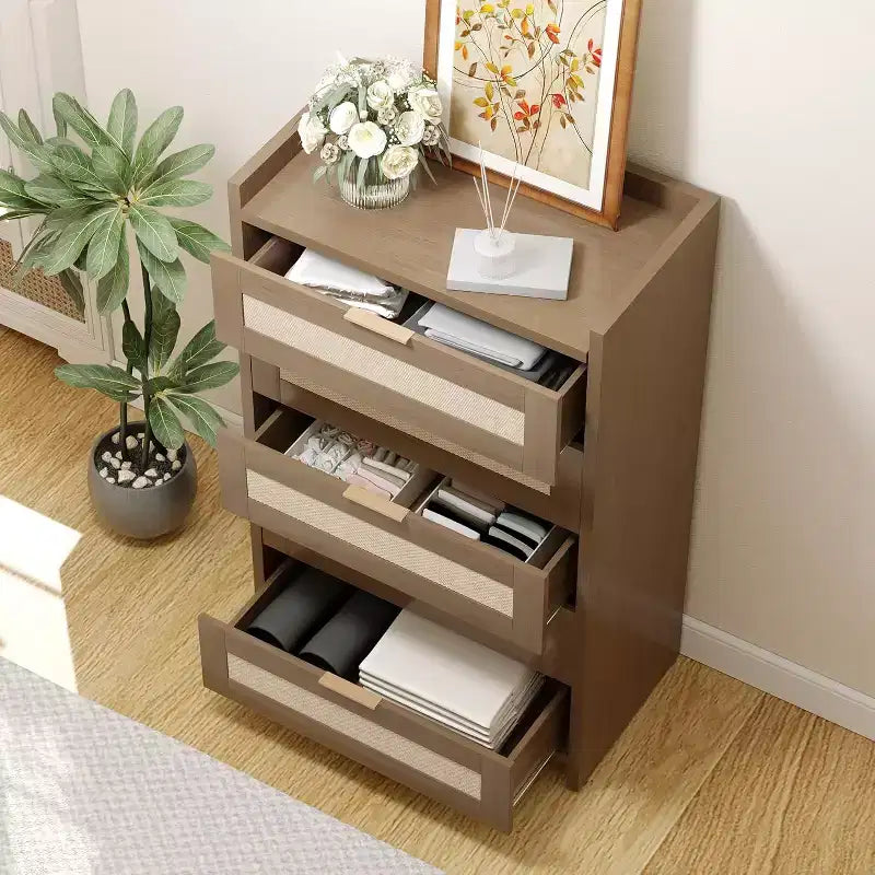 Commode Bohème à 5 Tiroirs, Coffre en Rotin et Bois avec Texture Naturelle pour Chambre à Coucher, Chambre d'Enfant ou Rangement de Salon